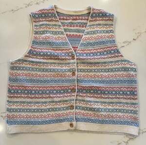 Vintage Fair Isle Sweater Vest Wool Blend Button Front Nordic Grandpa Chic